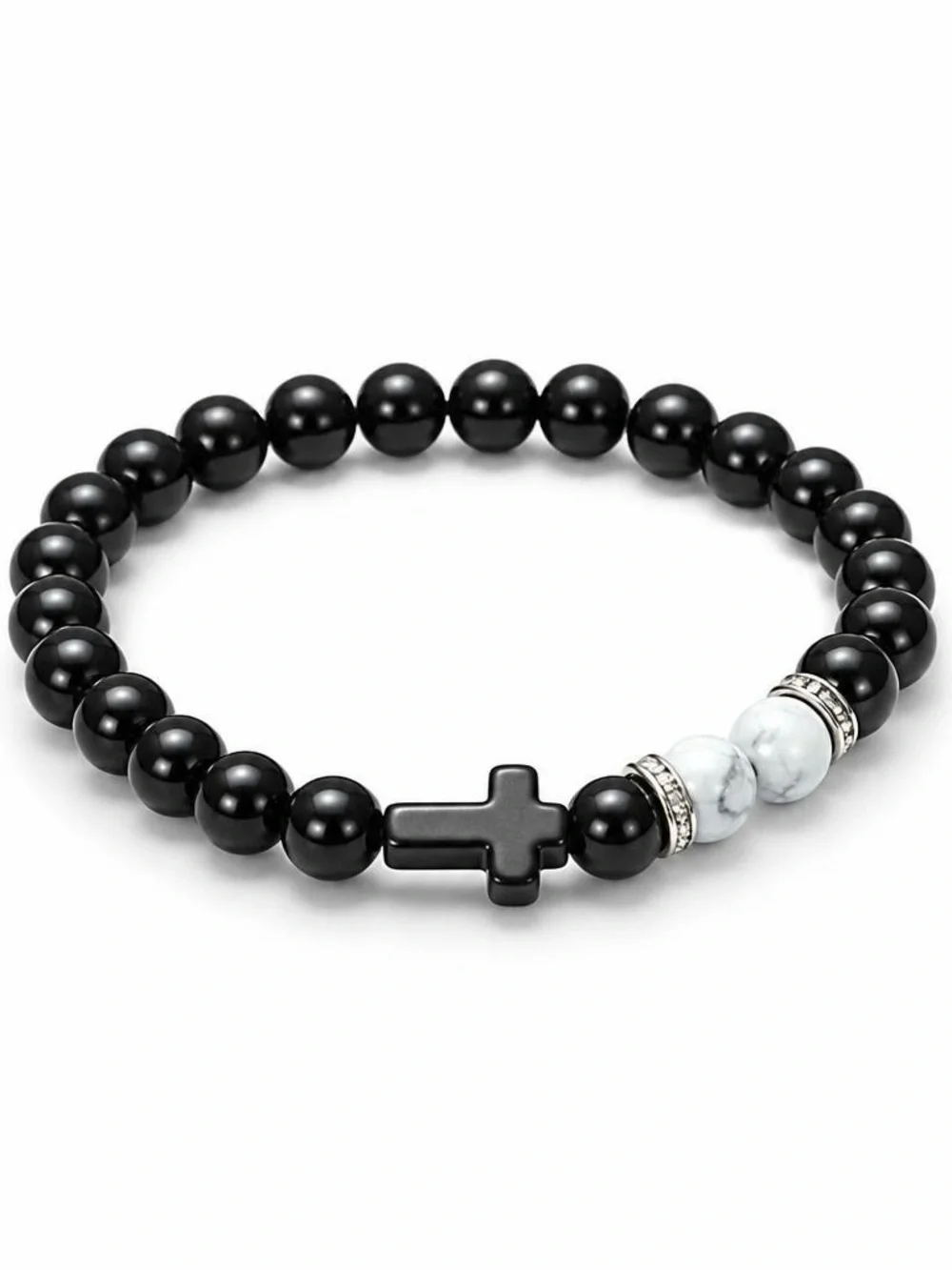 Men's Black Beaded Bracelet with White Accent Beads and Cross Charm